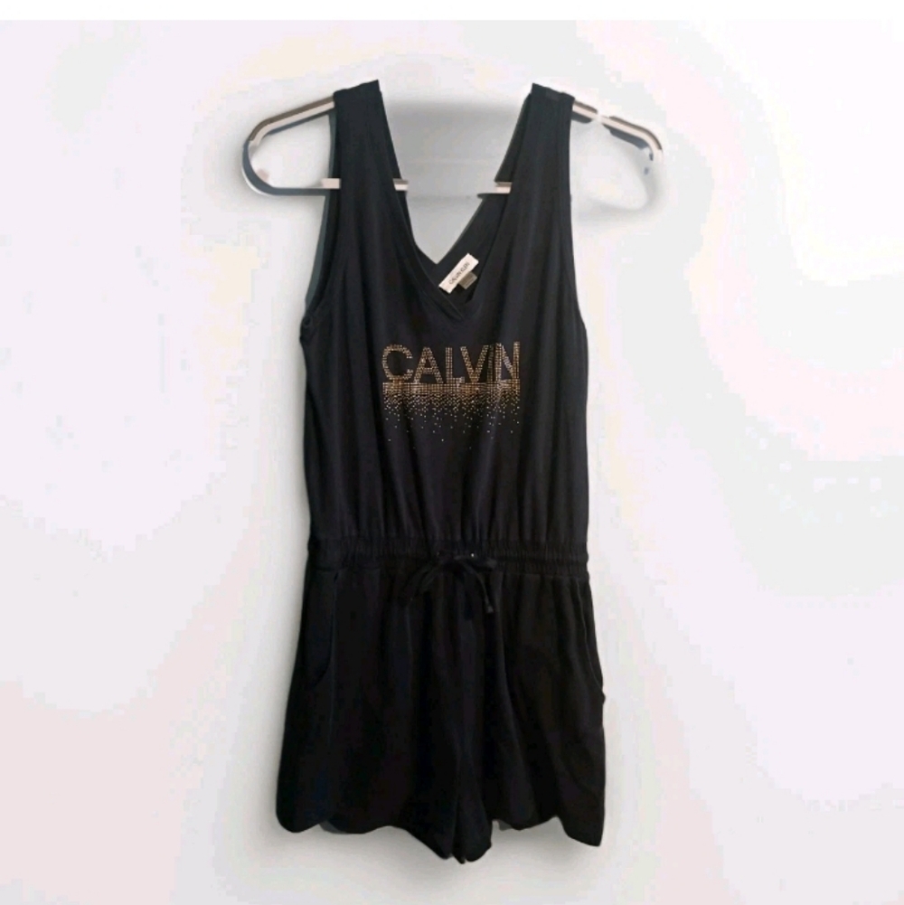 Calvin Klein Women's Navy and Gold Embellishment Logo Romper Medium Y2K